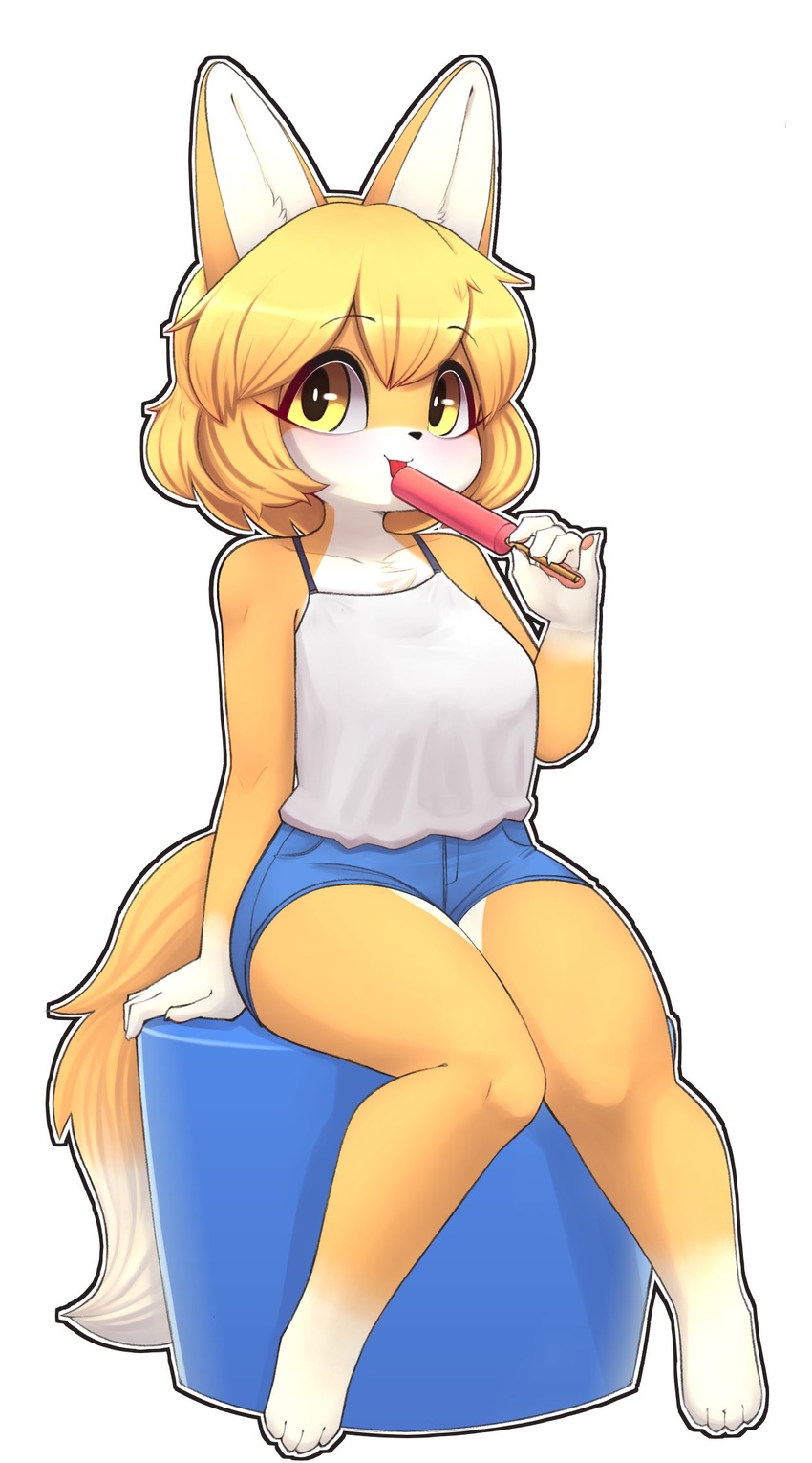 animal_ears arm_support barefoot blue_shorts breasts brown_eyes brown_hair collarbone denim denim_shorts eating female food fox_ears fox_girl fox_tail full_body furry furry_female highres holding holding_food jupiter_europe looking_at_viewer medium_breasts original popsicle short_hair shorts sitting solo tail tongue tongue_out