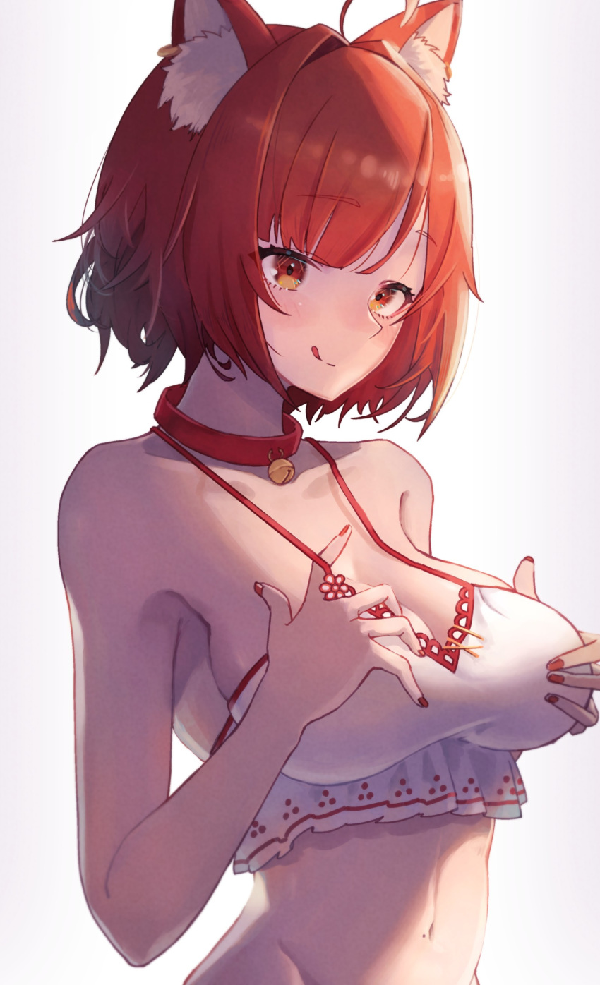 :q absurdres ahoge animal_ear_fluff animal_ears bare_shoulders bell blush breasts camisole cleavage closed_mouth collar collarbone female highres jingle_bell large_breasts looking_at_viewer nail_polish navel neck_bell nijisanji ratna_petit ratna_petit_(2nd_costume) red_eyes red_hair red_nails red_panda_ears short_hair smile solo sooon striped swimsuit tongue tongue_out upper_body virtual_youtuber