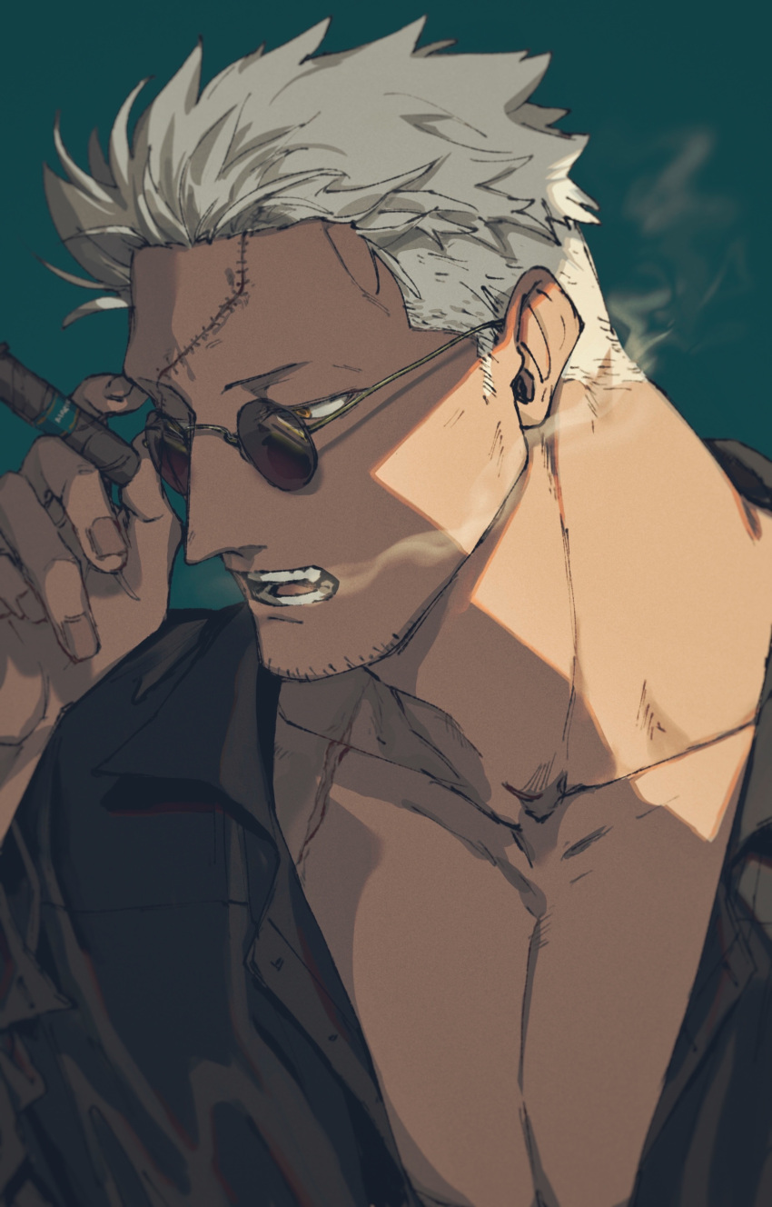 1boy absurdres bara black_shirt cigarette facial_hair goatee highres kabane_(rjev8385) large_pectorals looking_to_the_side male_focus muscular muscular_male oerba_yun_fang one_piece partially_unbuttoned pectoral_cleavage pectorals red_eyes scar scar_on_chest scar_on_face shirt short_hair smoke smoker_(one_piece) smoking solo sunglasses upper_body white_hair