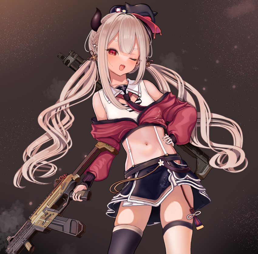 ;d absurdres apex_legends bare_shoulders belt black_belt black_necktie black_skirt contrapposto cowboy_shot detached_collar female gun hair_ornament hand_on_own_hip highres holding holding_weapon horns jacket long_hair looking_at_viewer low_twintails m600_spitfire machine_gun mask mask_on_head midriff miniskirt naraka_(2nd_costume)_(nijisanji) naraka_(nijisanji) navel necktie nijisanji oerba_yun_fang off_shoulder one_eye_closed oni_horns open_mouth pointy_ears r-99_smg red_eyes red_jacket shirt short_eyebrows single_thighhigh skin_fang skindentation skirt sleeveless sleeveless_shirt smile solo stomach submachine_gun sumida_bunchou suspenders thigh_strap thighhighs twintails very_long_hair virtual_youtuber weapon white_shirt zettai_ryouiki