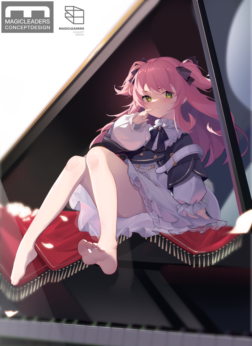 :< absurdres azur_lane barefoot black_ribbon blush breasts buttons collar double-breasted dress feet female foreshortening frilled_collar frilled_sleeves frills grand_piano green_eyes hair_ornament highres instrument legs long_sleeves medium_hair neck_ribbon piano pink_hair pompeo_magno_(azur_lane) pompeo_magno_(quaver_daydream)_(azur_lane) puffy_sleeves ribbon simple_background sitting small_breasts soles solo thighs thinking toes twintails white_background white_dress yesheeng_de_ling_che_zi