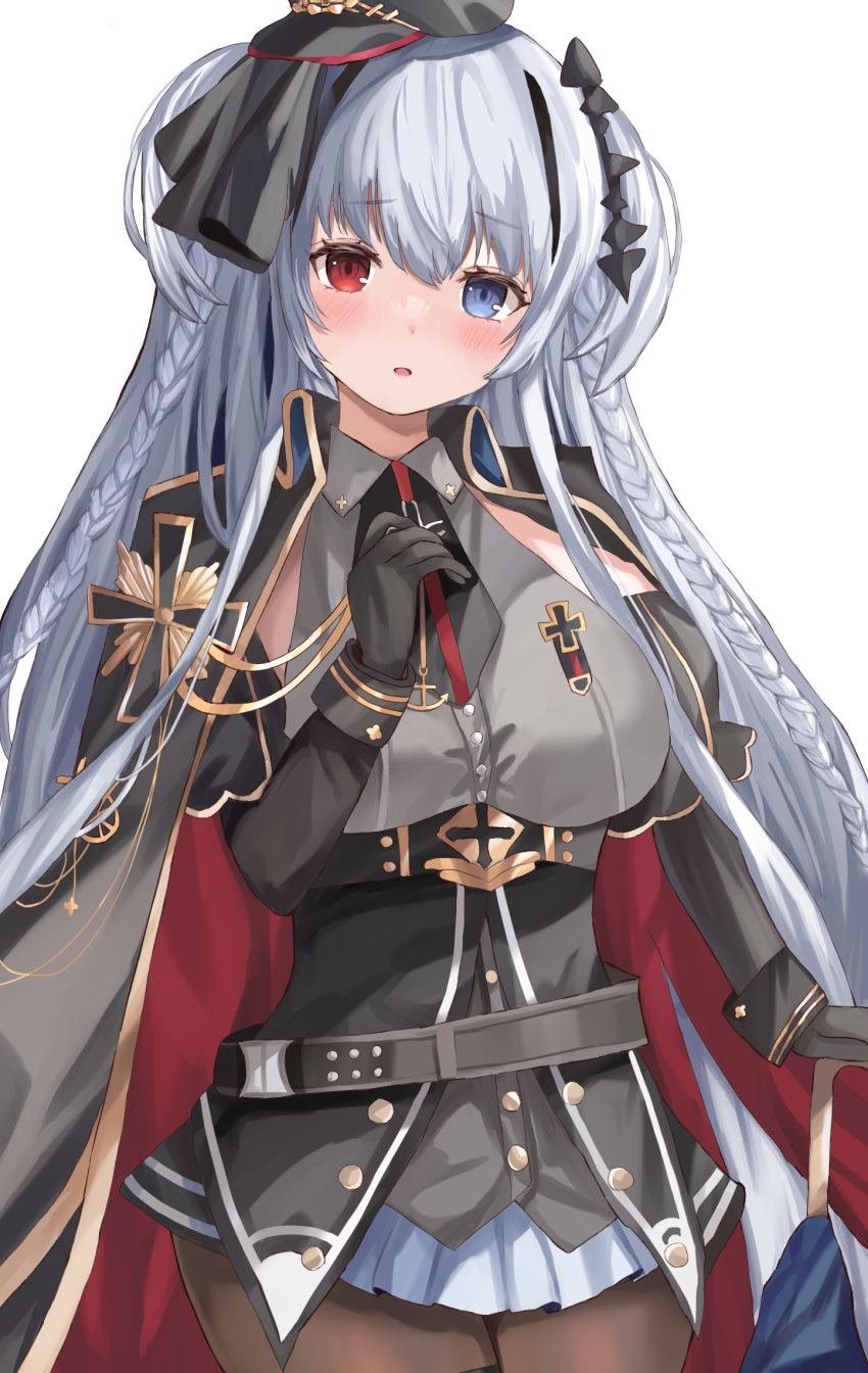 :o azur_lane black_gloves black_hat black_pantyhose blue_eyes blush braid breasts coat coat_on_shoulders elbing_(azur_lane) female gloves grey_hair hair_ornament hat heterochromia highres large_breasts long_hair looking_at_viewer military military_uniform open_mouth pantyhose pleated_skirt red_eyes simple_background skirt solo standing umbrella uniform watage_tanpopo white_background white_skirt