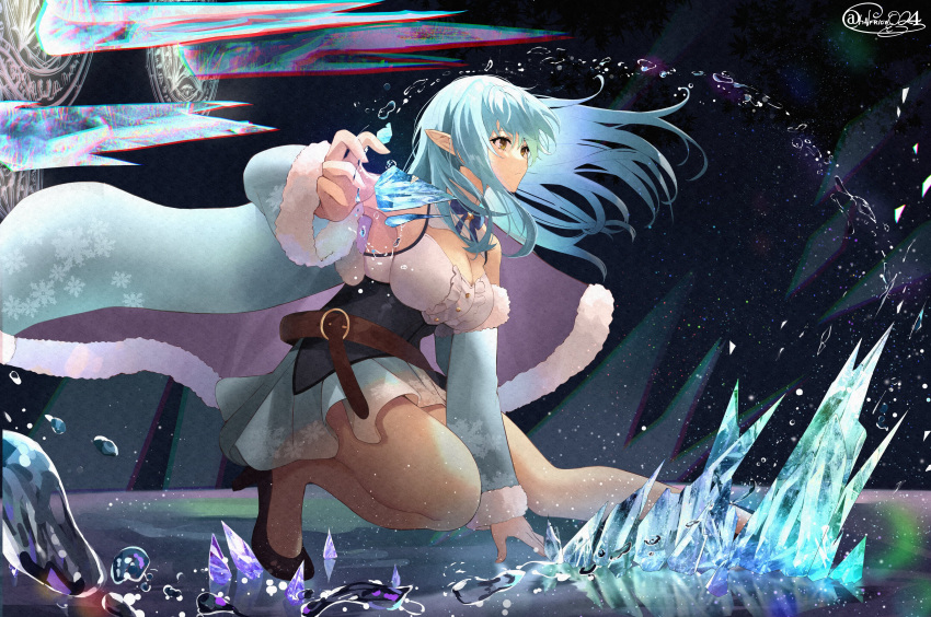 absurdres arm_support armpits bare_legs bare_shoulders blue_hair breasts chromatic_aberration cloak dress elf female fighting_stance hand_up highres hololive ice large_breasts long_hair magic magic_circle pointy_ears shiina_aoi solo squatting virtual_youtuber water yellow_eyes yukihana_lamy yukihana_lamy_(1st_costume)