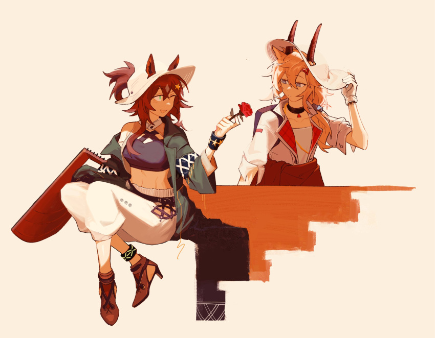 2girls adjusting_clothes adjusting_headwear animal_ears arknights backpack bag beige_background black_choker black_shirt blonde_hair bracelet brown_footwear brown_hair capri_pants choker clothes_around_waist collarbone commentary crop_top ears_through_headwear earthspirit_(arknights) flower full_body giving gloves goat_ears goat_girl goat_horns green_eyes green_jacket hair_ornament hat high_heels highres horns horse_ears horse_girl infection_monitor_(arknights) jacket jacket_around_waist jewelry long_hair long_sleeves looking_at_another looking_at_flowers material_growth meteor_(arknights) meteor_(bard's_holiday)_(arknights) midriff multiple_girls official_alternate_costume one_eye_closed open_mouth oripathy_lesion_(arknights) pants parted_lips red_flower red_rose rose shirt simple_background sitting sleeves_rolled_up smile star_(symbol) star_hair_ornament sun_hat triangle_hair_ornament vento white_gloves white_headwear white_jacket white_pants white_shirt yuri