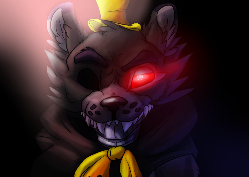 1_eye 2020 animatronic anthro bear black_background black_ears black_nose bow_tie bust_portrait cloak close-up clothed clothing exposed_endoskeleton fangs five_nights_at_freddy's five_nights_at_freddy's_4 glowing glowing_eyes hat headgear headwear hi_res hood hoodie light looking_at_viewer machine male mammal metal metallic metallic_body nightmare_(fnaf) one_eye_half-closed pink_background portrait red_eyes red_sclera robot scottgames sharp_teeth simple_background smile solo teeth top_hat topwear white_ears writtenstars87