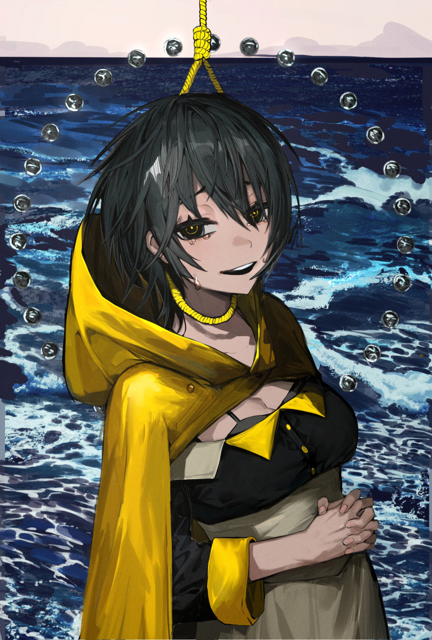 apron black_bra black_eyes black_hair bra bra_peek bra_strap breasts cleavage cloak commentary crying day female highres hood hood_down hooded_cloak interlocked_fingers large_breasts long_sleeves looking_at_viewer lower_(vocaloid) noose ocean off_shoulder own_hands_clasped own_hands_together short_hair smile solo tears underwear unrefle upper_body waist_apron waves yellow_cloak