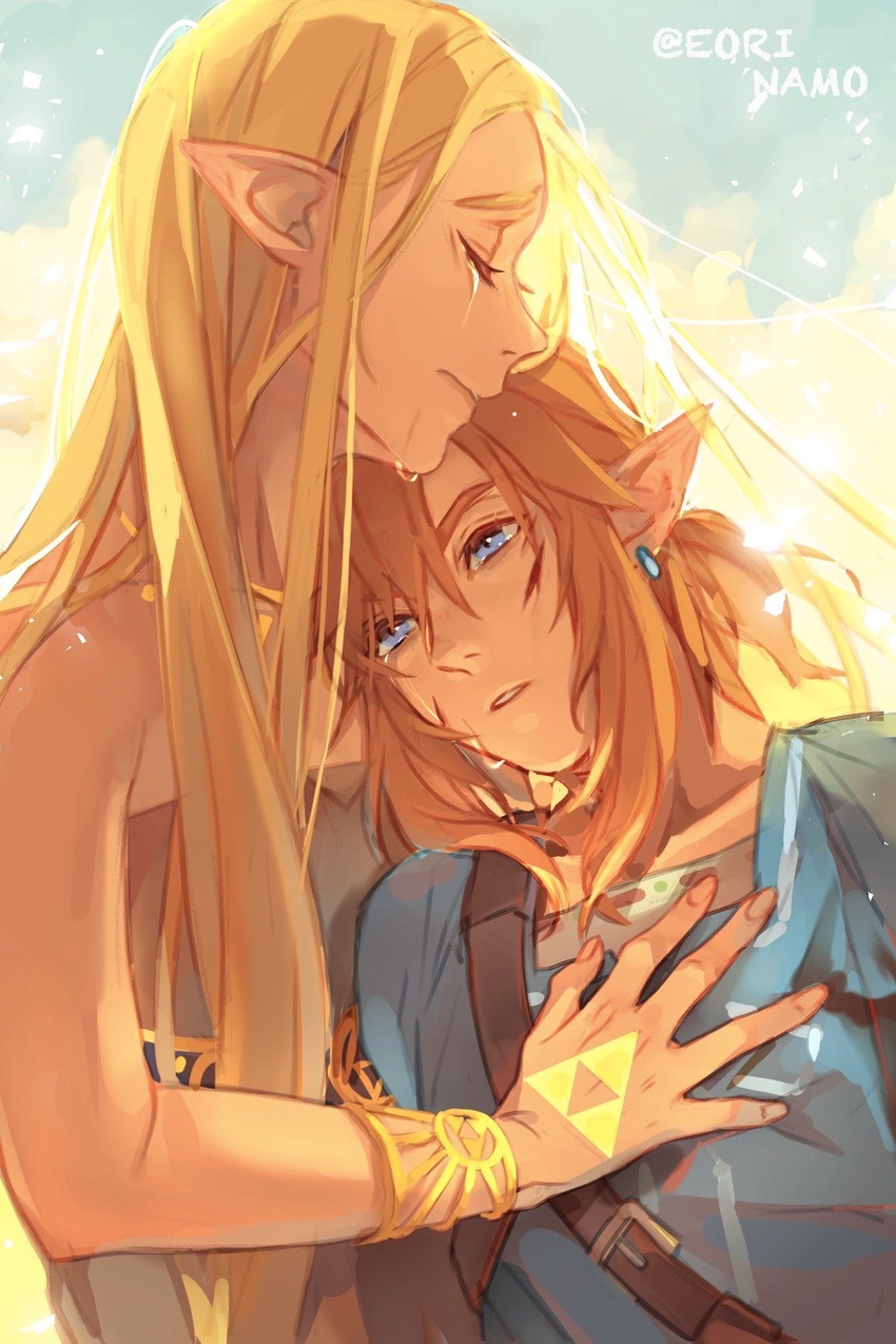 1boy artist_name bad_id bad_twitter_id bare_shoulders blue_eyes blue_tunic bracer champion's_tunic_(zelda) closed_eyes crying dress earrings eorinamo female hair_between_eyes hand_on_another's_chest highres hyrule_warriors:_age_of_calamity injury jewelry link long_hair low_ponytail medium_hair outdoors parted_bangs parted_lips pointy_ears princess_zelda sidelocks strapless strapless_dress tears the_legend_of_zelda the_legend_of_zelda:_breath_of_the_wild thick_eyebrows triforce white_dress