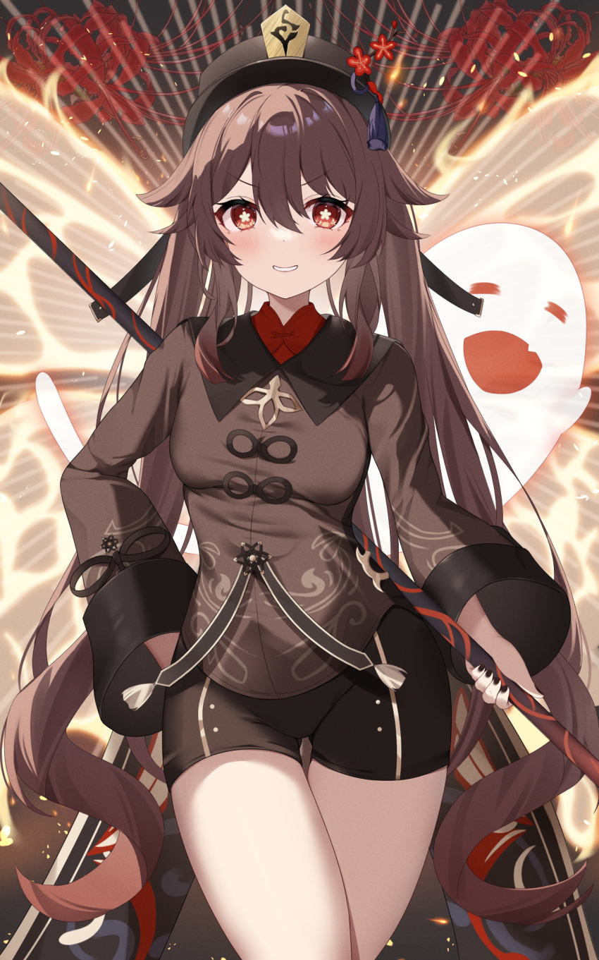 black_hat black_nails black_shorts blush boo_tao_(genshin_impact) breasts brown_coat brown_hair coat female flower flower-shaped_pupils genshin_impact ghost hair_between_eyes hair_flaps hat hat_flower hat_tassel highres hu_tao_(genshin_impact) jewelry long_hair long_sleeves looking_at_viewer medium_breasts nail_polish nyuu_(pixiv12143565) red_eyes short_shorts shorts smile solo symbol-shaped_pupils thighs twintails very_long_hair wide_sleeves