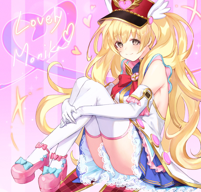 absurdres blonde_hair blue_skirt blush bow breasts brooch brown_eyes character_name elbow_gloves feathers female frills gloves granblue_fantasy hat heart highres jewelry knees_up large_breasts legs long_hair looking_at_viewer magical_girl monika_weisswind peaked_cap pink_footwear red_bow red_hat shirt sitting skirt sleeveless sleeveless_shirt smile solo thighhighs twintails wavy_hair white_gloves white_thighhighs yuntae