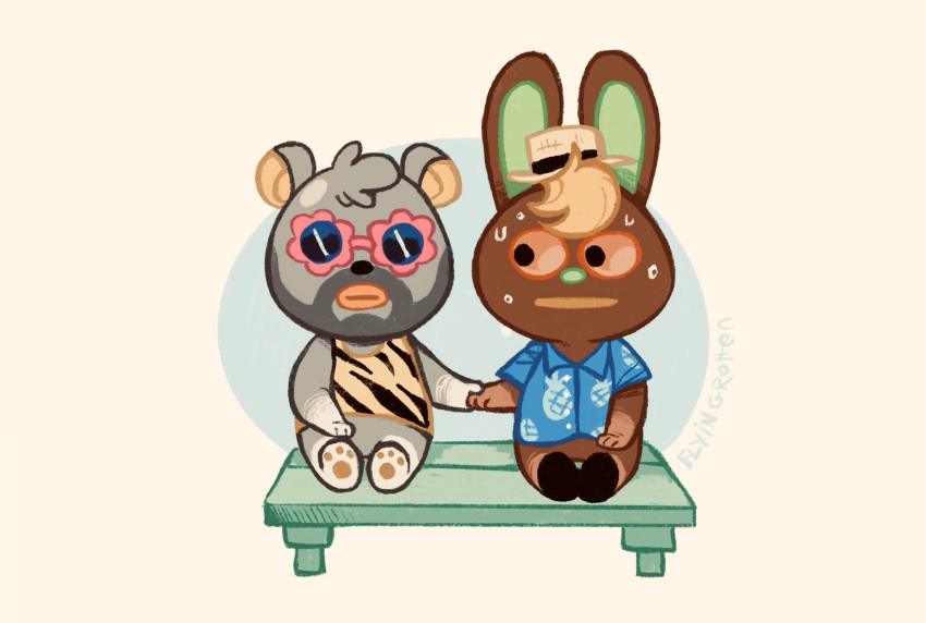 2020 animal_crossing anthro barold_(animal_crossing) beard black_body black_fur bodily_fluids brown_body brown_fur chibi clothing duo eyewear facial_hair flyingrotten fur hand_holding hat headgear headwear hi_res lagomorph leporid male mammal nintendo o'hare_(animal_crossing) rabbit shirt sitting sunglasses sweat topwear