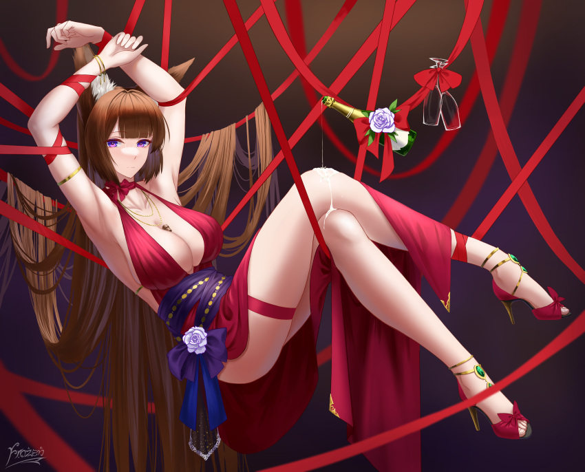 absurdly_long_hair absurdres alternate_costume amagi_(azur_lane) animal_ears armpits azur_lane breasts center_opening cleavage cocktail_dress dress female frozen-sad full_body halter_dress halterneck highres large_breasts legs long_dress long_hair purple_background purple_eyes red_dress red_ribbon ribbon sandals simple_background solo strappy_heels toeless_footwear toes very_long_hair