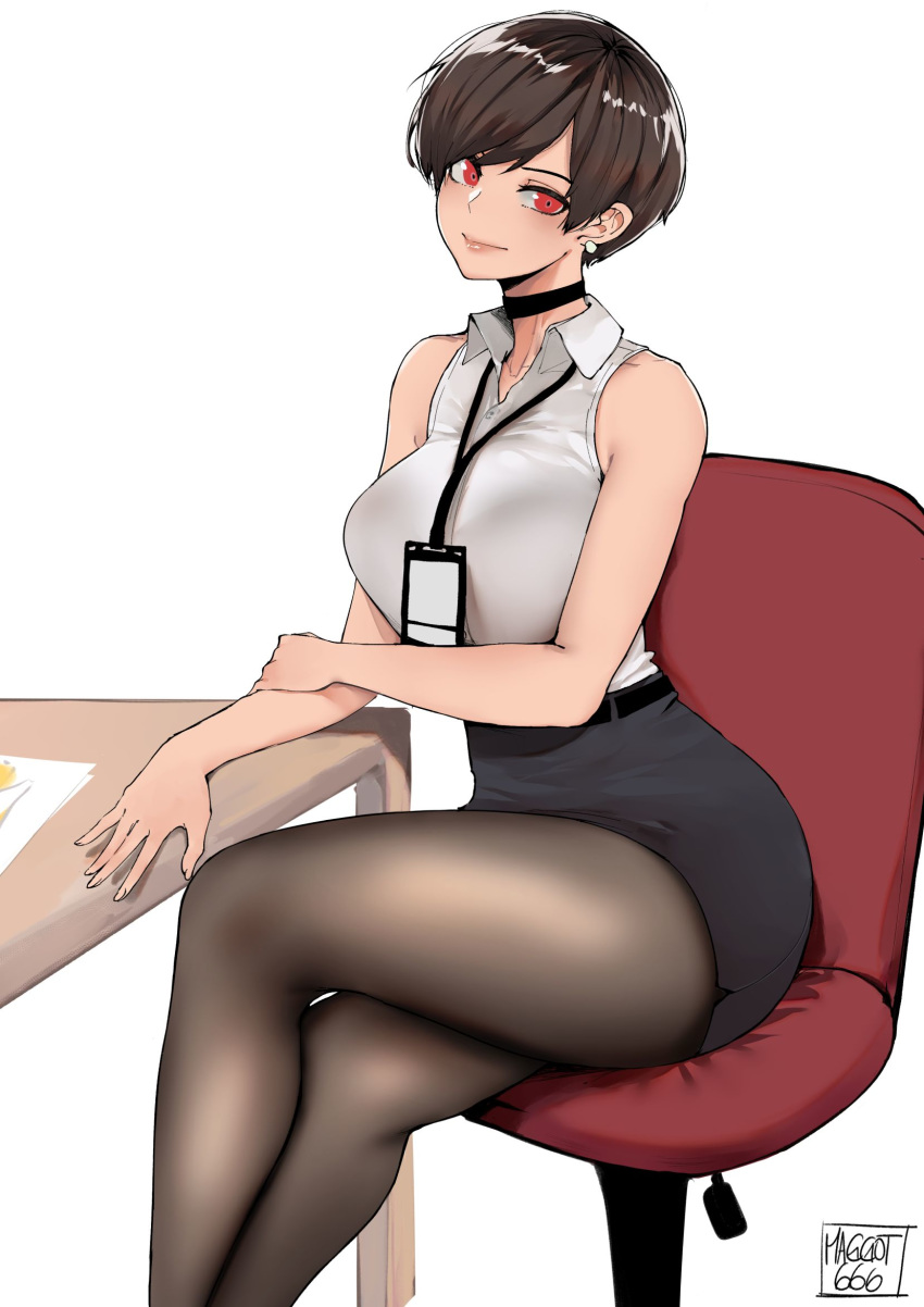 bare_arms bare_shoulders belt black_belt black_choker black_pantyhose black_skirt breasts brown_hair chair choker closed_mouth collared_shirt commentary earrings english_commentary female highres id_card jewelry lanyard large_breasts miniskirt norman_maggot office_chair office_lady olive_laurentia original pantyhose paper parted_bangs pencil_skirt pink_lips pixie_cut red_eyes shirt short_hair signature sitting skirt sleeveless sleeveless_shirt solo swivel_chair table thighs white_shirt