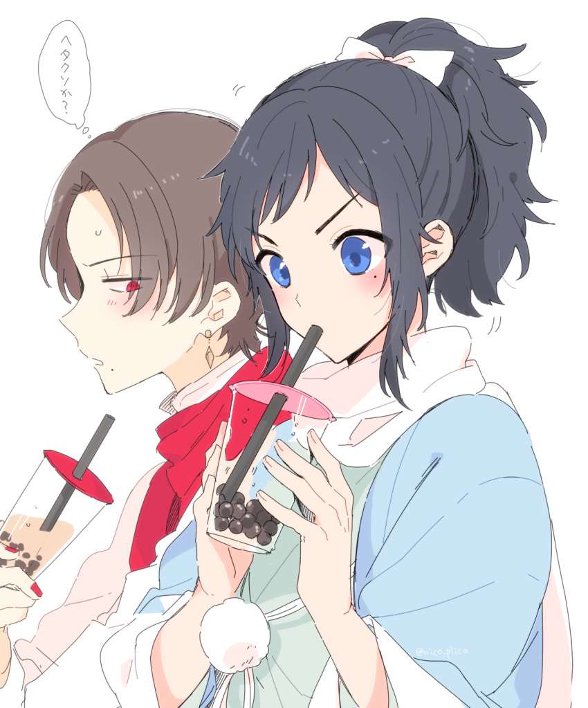 2boys black_hair blue_eyes brown_hair bubble_tea cup disposable_cup drinking drinking_straw haori highres japanese_clothes kashuu_kiyomitsu male_focus mole mole_under_eye mole_under_mouth multiple_boys plico_(nicoma) ponytail red_eyes red_nails red_scarf scarf shinsengumi touken_ranbu translation_request white_scarf yamato-no-kami_yasusada