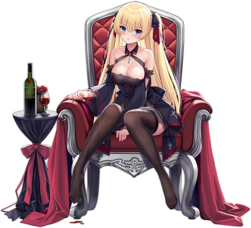 alcohol allenes armchair azur_lane bare_shoulders black_dress black_thighhighs blonde_hair blue_eyes blush bottle breasts chair closed_mouth commentary_request cross cup detached_sleeves dress drinking_glass feet female flower full_body hair_between_eyes hair_ribbon highres jewelry large_breasts long_hair looking_at_viewer official_alternate_costume official_art one_eye_closed open_mouth red_flower red_ribbon red_rose red_wine ribbon rose royal_navy_emblem_(azur_lane) sitting smile solo sussex_(azur_lane) sussex_(wine_and_red_roses)_(azur_lane) table thighhighs transparent_background wide_sleeves wine wine_glass