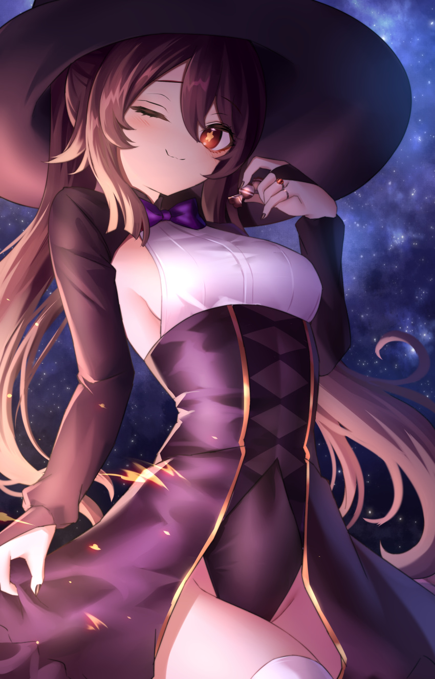 ;) absurdres breasts brown_hair candy commentary dress female food genshin_impact halloween_costume hat highres hu_tao_(genshin_impact) jewelry long_sleeves looking_at_viewer nail_polish neit_ni_sei night night_sky one_eye_closed red_eyes ring sideboob sky small_breasts smile solo symbol-shaped_pupils thighhighs twintails witch_hat