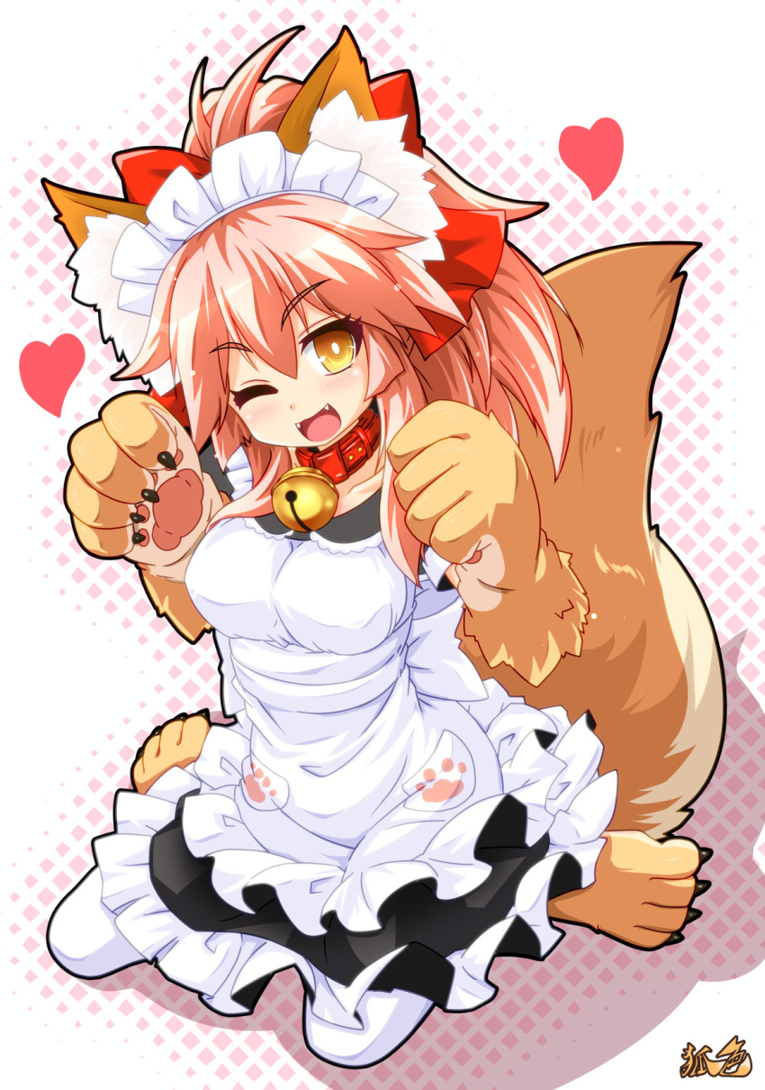 alternate_costume animal_ear_fluff animal_ears animal_hands apron bell breasts cat_paws collar collarbone commentary_request enmaided fangs fate/grand_order fate_(series) female fox_ears fox_girl fox_tail gloves hair_ribbon heart highres jingle_bell kazami_karasu large_breasts long_hair looking_at_viewer maid maid_apron maid_headdress neck_bell one_eye_closed open_mouth paw_gloves paw_shoes pink_hair ponytail red_ribbon ribbon shoes sitting solo tail tamamo_(fate) tamamo_cat_(fate) tamamo_cat_(second_ascension)_(fate) waist_apron white_apron white_legwear yellow_eyes