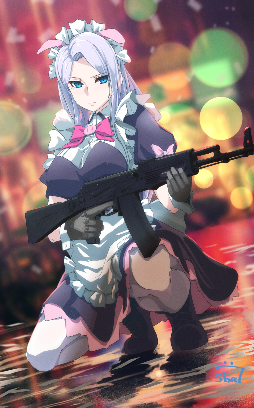 absurdres ak-74m akiba_maid_sensou animal_ears apron assault_rifle black_dress black_footwear black_gloves blue_eyes boots closed_mouth dress expressionless fake_animal_ears female frills full_body gloves gun highres holding holding_gun holding_weapon kalashnikov_rifle light_purple_hair long_hair looking_at_viewer maid maid_apron maid_headdress night_light pantyhose pig_ears rifle shu70077 signature solo squatting weapon white_pantyhose wrist_cuffs zoya_(akiba_maid_sensou)