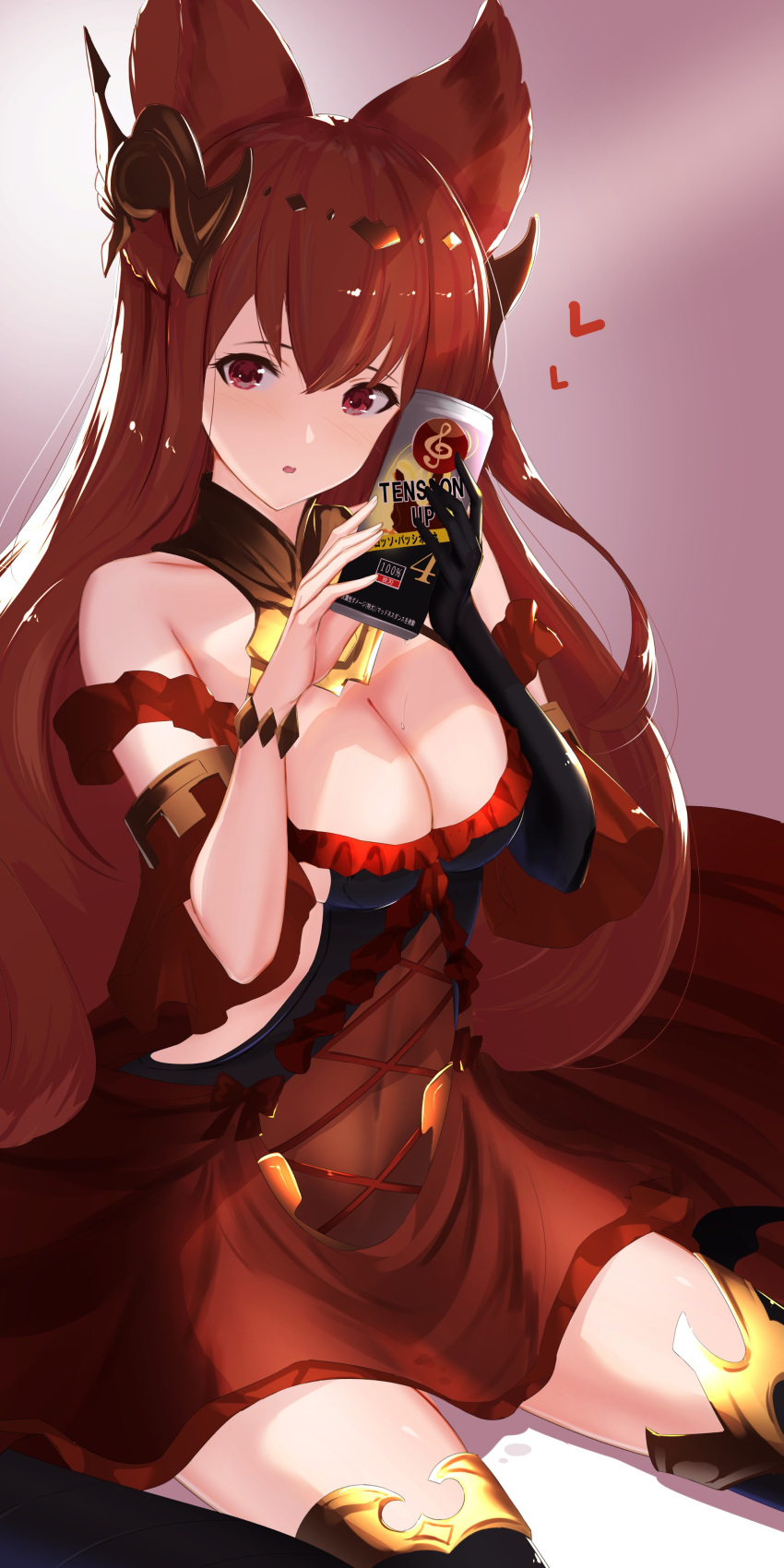 absurdres aiu_eo animal_ears anthuria backless_outfit bad_id bad_twitter_id bare_shoulders black_gloves black_legwear breasts cleavage dress elbow_gloves energy_drink erune female gloves granblue_fantasy hair_ornament highres long_hair looking_at_viewer red_dress red_eyes red_hair sideless_outfit single_elbow_glove single_glove solo