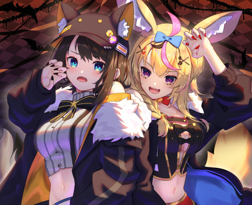 2girls adapted_costume animal_ears ao_ne bad_id bad_pixiv_id baseball_cap black_jacket black_nails blonde_hair brown_hair claw_pose commentary fingerless_gloves fingernails fox_ears fox_hat fur-trimmed_jacket fur_trim gloves grey_shirt groin hat highres hololive impossible_clothes impossible_shirt jacket long_fingernails looking_at_viewer midriff multiple_girls nail_polish navel oerba_yun_fang omaru_polka omaru_polka_(1st_costume) oozora_subaru oozora_subaru_(work) red_nails sharp_fingernails shirt swept_bangs symbol-only_commentary upper_body virtual_youtuber