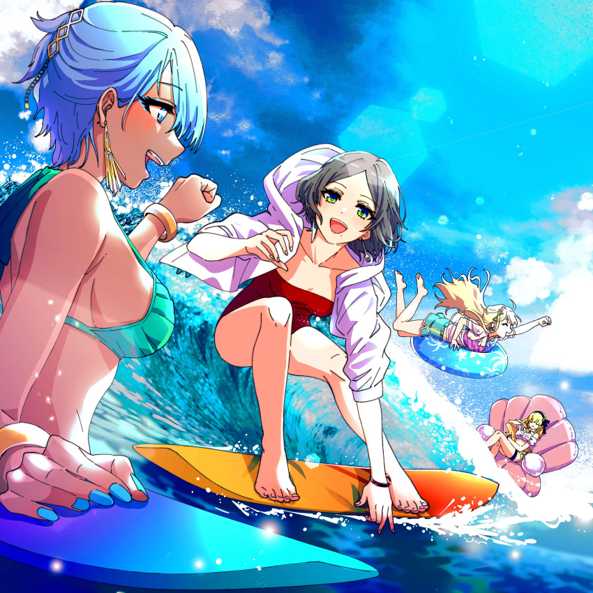 4girls absurdres akroglam aorta_(akroglam) bikini blonde_hair blue_eyes blue_hair bracelet casual_one-piece_swimsuit crossover dark_skin denonbu eno_(akroglam) green_eyes grey_hair haijima_ginka highres jewelry legs long_sleeves makeup multiple_girls nail_polish natsuharu ocean official_art one-piece_swimsuit open_mouth outdoors shirokane_aki short_hair smile surfboard surfing swimsuit toes waves