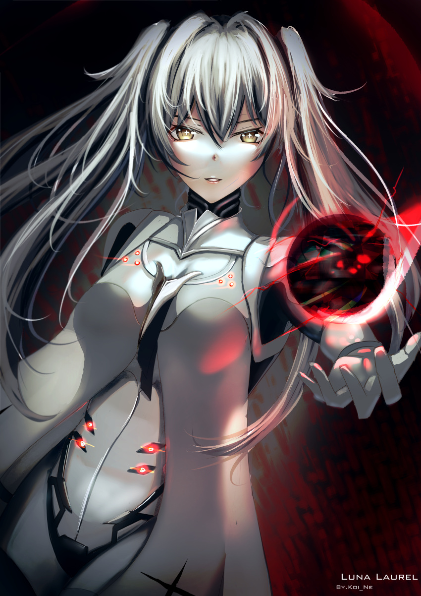 absurdres black_background bodysuit clip_studio_paint_(medium) floating floating_object grey_bodysuit grey_hair hair_between_eyes highres kinzaaaaa long_hair luna_(punishing:_gray_raven) open_mouth orb punishing:_gray_raven solo twintails yellow_eyes