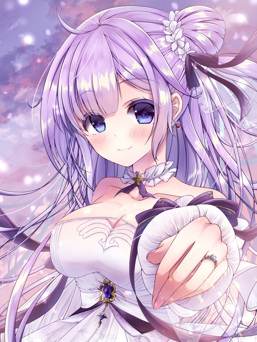 ahoge asymmetrical_bangs azur_lane blush breasts cleavage closed_mouth cloud cloudy_sky collarbone commentary detached_collar dress earrings female flower hair_bun hair_flower hair_ornament highres jewelry large_breasts light_particles light_purple_hair long_hair looking_at_viewer off-shoulder_dress off_shoulder official_alternate_costume oppai_loli ornate_ring outdoors outstretched_hand parted_bangs poco. purple_eyes ring single_hair_bun single_side_bun sky smile solo unicorn_(a_dream_of_pure_vows)_(azur_lane) unicorn_(azur_lane) upper_body wedding_dress wedding_ring white_dress