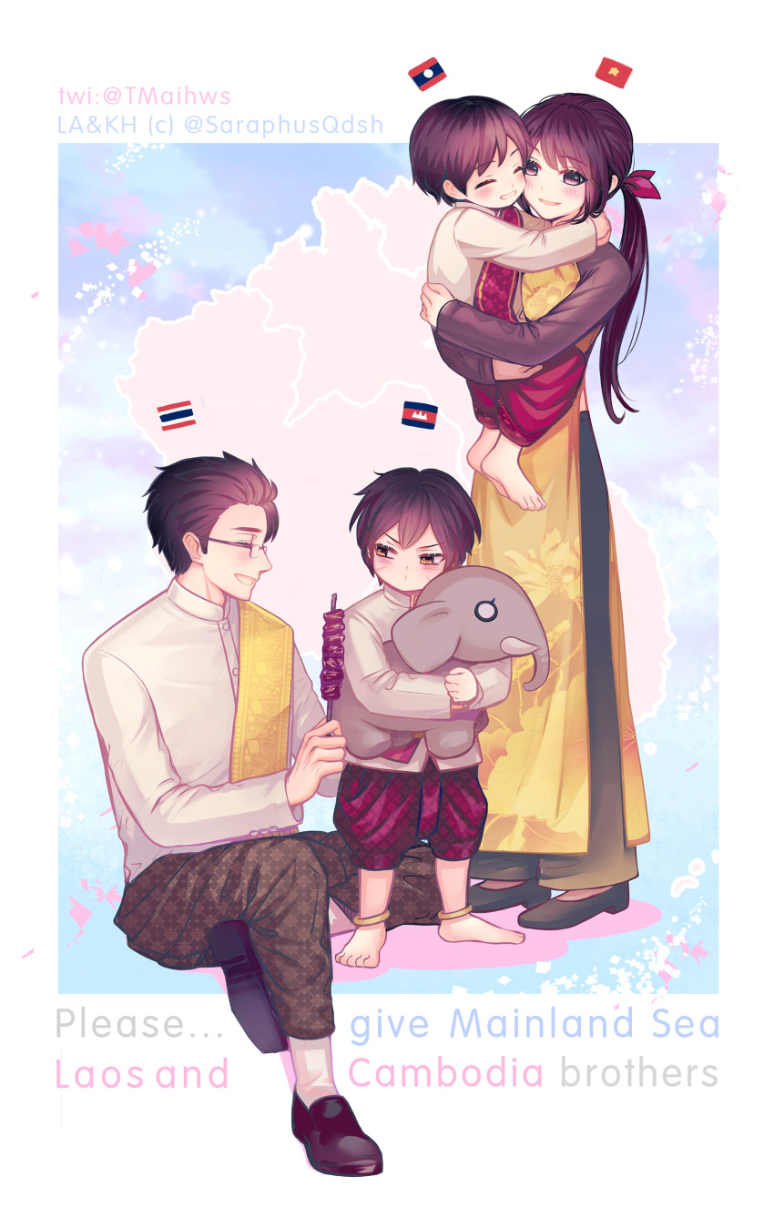 3boys absurdres arm_support arms_around_neck axis_powers_hetalia cambodia_(hetalia) cambodian_flag closed_mouth commentary elephant english_text female flag food full_body highres holding holding_food holding_stuffed_toy hug laos_(hetalia) laotian_flag lolicon long_hair looking_at_another multiple_boys open_mouth ponytail profile short_hair simple_background sitting_on_arm skewer smile stuffed_animal stuffed_elephant stuffed_toy thai_clothes thai_flag thailand_(hetalia) tmaihws vietnam_(hetalia) vietnamese_dress vietnamese_flag