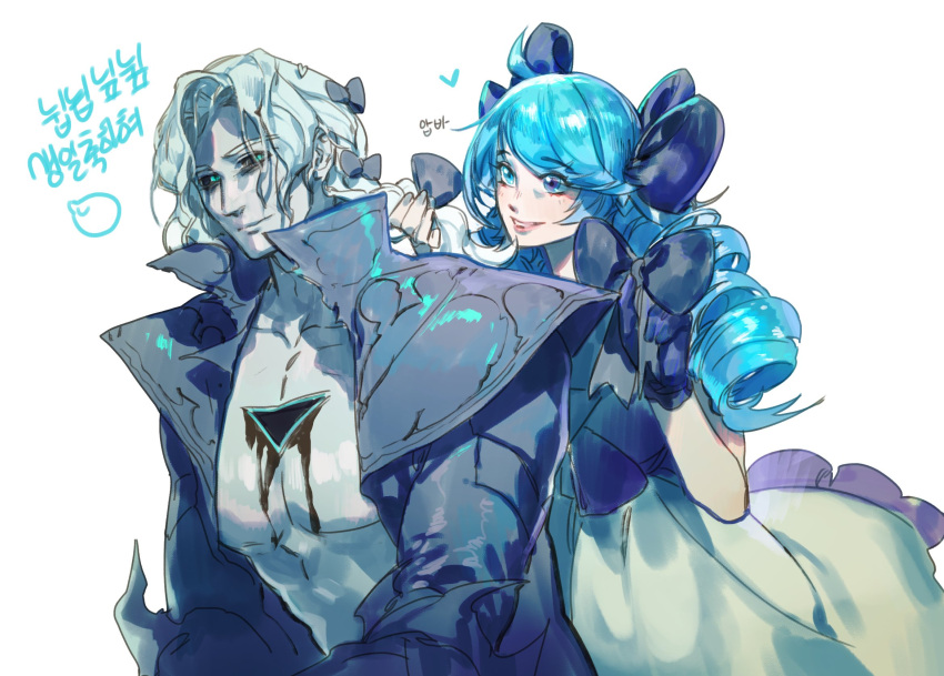 1boy black_bow black_jacket black_sclera blue_eyes bow collarbone colored_sclera dress drill_hair female gwen_(league_of_legends) hair_behind_ear hairbow heart highres holding holding_another's_hair jacket korean_commentary korean_text league_of_legends long_hair pale_skin parted_lips pectorals small_dduck smile twin_drills twintails viego_(league_of_legends) white_dress white_hair