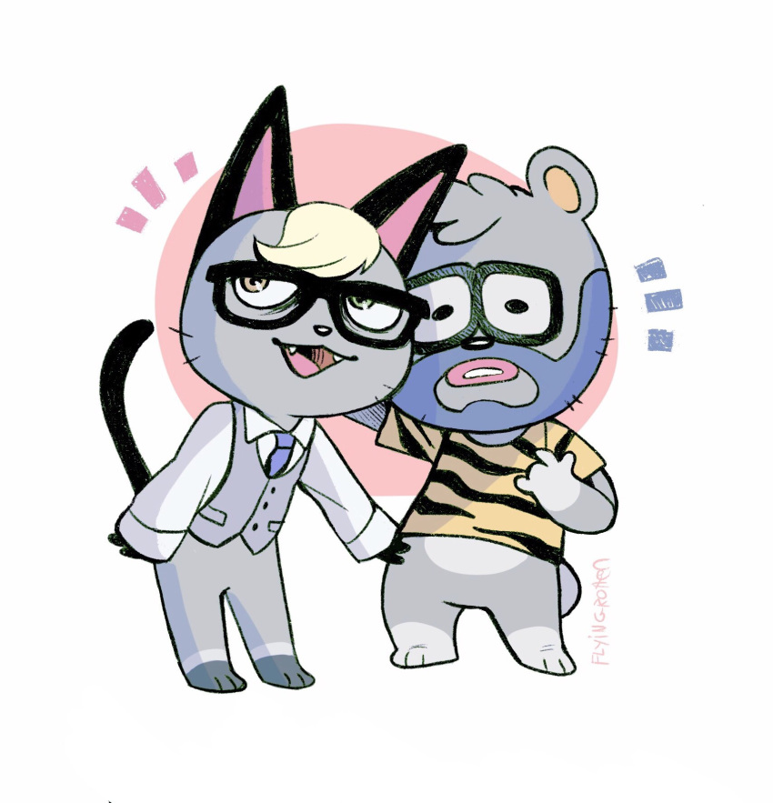 2020 animal_crossing anthro barold_(animal_crossing) bear bottomless chibi clothed clothing cute_fangs domestic_cat duo eyewear felid feline felis flyingrotten glasses grey_body hi_res male male/male mammal necktie nintendo raymond_(animal_crossing) shirt simple_background topwear