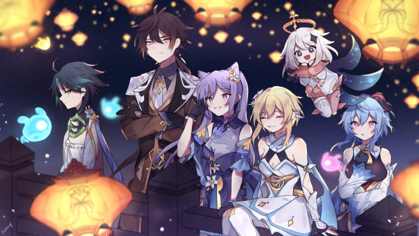 2boys 4girls bell black_gloves black_hair blonde_hair blue_hair collared_shirt detached_sleeves dress flower ganyu_(genshin_impact) genshin_impact gloves hair_flower hair_ornament hand_on_own_chest highres himey horns keqing_(genshin_impact) lantern long_hair long_sleeves lumine_(genshin_impact) multiple_boys multiple_girls night paimon_(genshin_impact) paper_lantern purple_dress purple_eyes purple_sleeves romper seelie_(genshin_impact) shirt sitting sky_lantern smile tassel white_dress white_romper white_sleeves xiao_(genshin_impact) yellow_eyes zhongli_(genshin_impact)