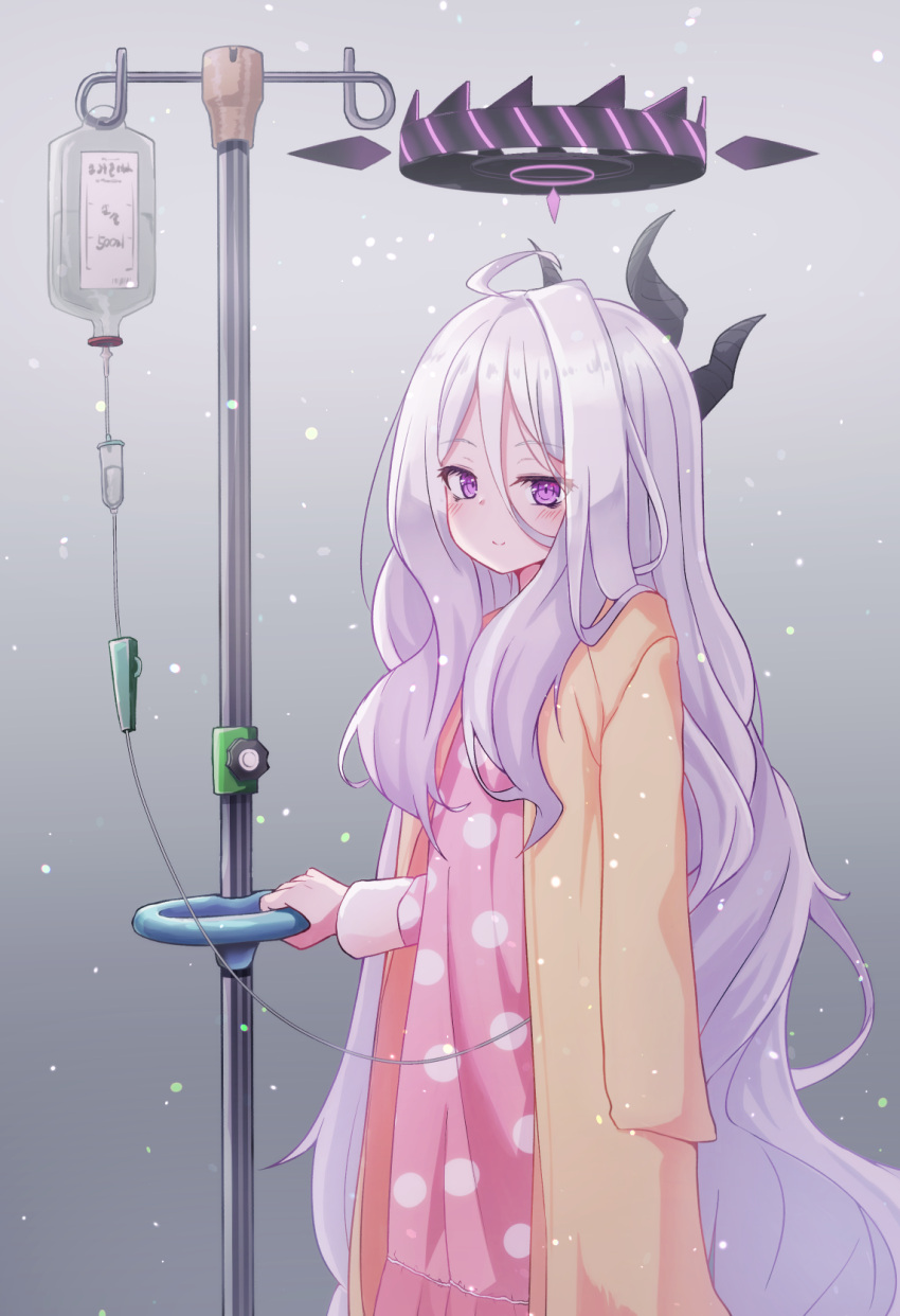 blue_archive cardigan cardigan_on_shoulders coat coat_on_shoulders commentary_request demon_girl demon_horns female gradient_background grey_background hair_between_eyes highres hina_(blue_archive) hina_(pajamas)_(blue_archive) holding horns intravenous_drip iv_stand jacket jacket_on_shoulders long_hair long_sleeves looking_at_viewer nenosame open_cardigan open_clothes pajamas pink_pajamas polka_dot polka_dot_pajamas purple_eyes sidelocks simple_background smile solo white_hair yellow_cardigan yellow_coat