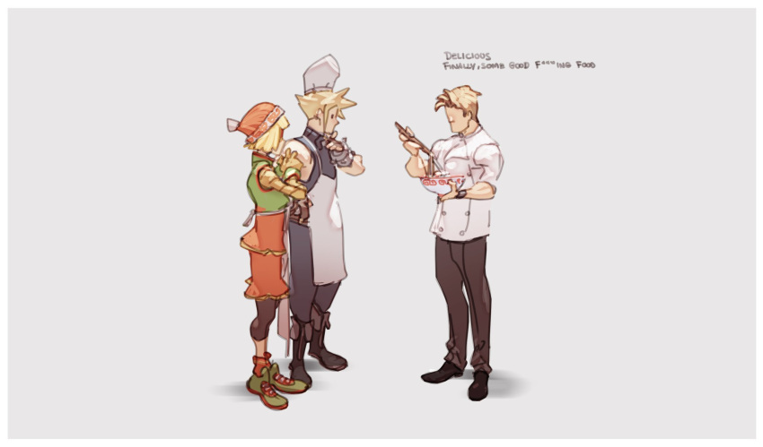 2boys apron arms_(game) beanie black_eyes black_legwear black_shirt blonde_hair bowl chef chef_hat chopsticks cloud_strife eating english_text female final_fantasy final_fantasy_vii gordon_ramsay green_footwear grey_background hat highres leggings leggings_under_shorts meandros meme min_min_(arms) multiple_boys nin_nakajima orange_headwear orange_shorts pantyhose real_life shirt shoes shorts simple_background sleeveless sleeveless_shirt sneakers super_smash_bros. toque_blanche turtleneck