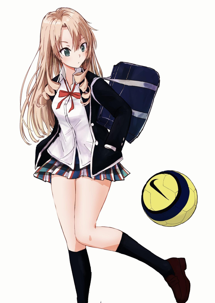 bag ball black_jacket black_socks blazer blonde_hair breasts brown_footwear buttons collared_shirt commentary_request drill_hair female green_eyes hand_in_pocket highres jacket kajino_(aosansai) kneehighs leg_up loafers long_hair long_sleeves looking_to_the_side miniskirt miura_yumiko neck_ribbon open_clothes open_jacket parted_bangs plaid plaid_skirt pleated_skirt red_ribbon ribbon school_uniform shirt shoes shoulder_bag sidelocks simple_background skirt sobu_high_school_uniform soccer_ball socks solo standing standing_on_one_leg untucked_shirt white_background white_shirt yahari_ore_no_seishun_lovecome_wa_machigatteiru.