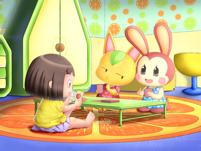 3girls alcyoneax animal_crossing artist_name barefoot black_eyes blue_shirt blush_stickers brown_eyes brown_hair bunnie_(animal_crossing) card cheating_(competitive) door indoors lolicon multiple_girls playing_card rabbit shirt short_hair sitting skirt table tangy_(animal_crossing) villager_(animal_crossing) yellow_shirt