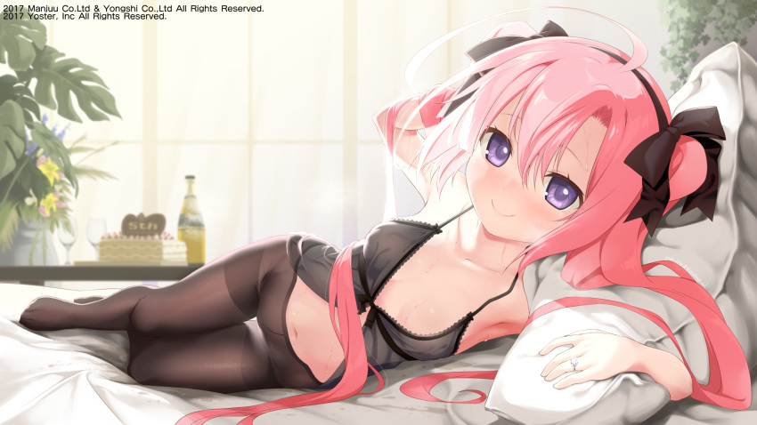 akazawa_red armpits azur_lane bad_id bad_twitter_id bed black_bow blush bow breasts brown_pantyhose cake closed_mouth collarbone commentary_request crotch_seam feet female food front-tie_top full_body hairbow heavy_breathing highres indoors jewelry legs lingerie long_hair looking_at_viewer lying midriff navel negligee no_panties no_shoes official_alternate_costume official_art on_bed on_side pantyhose pillow pillow_grab pink_hair plant potted_plant purple_eyes ring saratoga_(azur_lane) small_breasts smile solo stained_sheets sweat thighband_pantyhose thighs underwear very_long_hair wedding_ring window