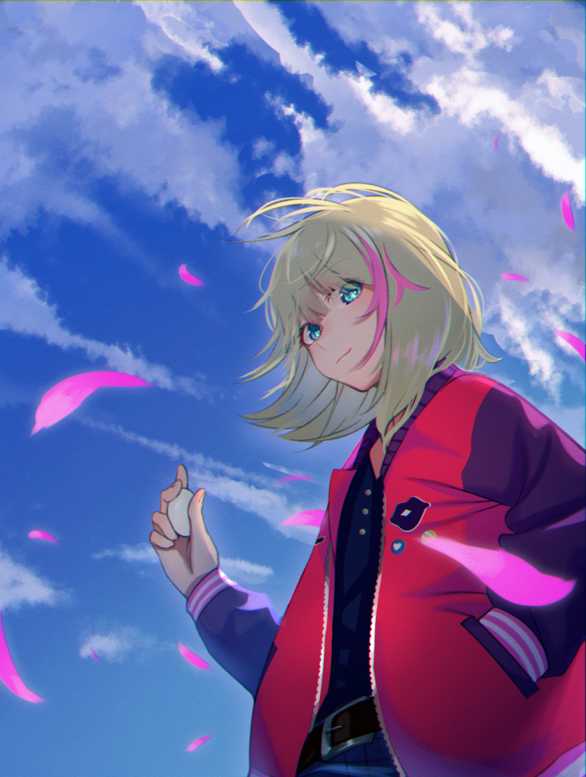 badge belt blonde_hair blue_eyes blue_pants blue_sky button_badge cloud day egg female hand_in_pocket highres holding holding_egg jacket kawai_rika letterman_jacket long_sleeves looking_at_viewer medium_hair multicolored_hair outdoors pants petals red_jacket sky solo standing streaked_hair wonder_egg_priority yossyun