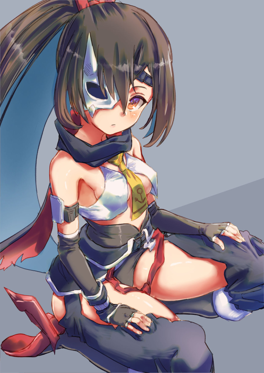 akatsuki_(azur_lane) anchor_symbol azur_lane bare_shoulders black_hair blush breasts commentary_request covered_nipples elbow_gloves female fingerless_gloves gloves half_mask highres hip_vent horned_mask looking_at_viewer mask mask_over_one_eye midriff orange_eyes ponytail scarf seiza sideboob sitting small_breasts solo thighs underboob yohane