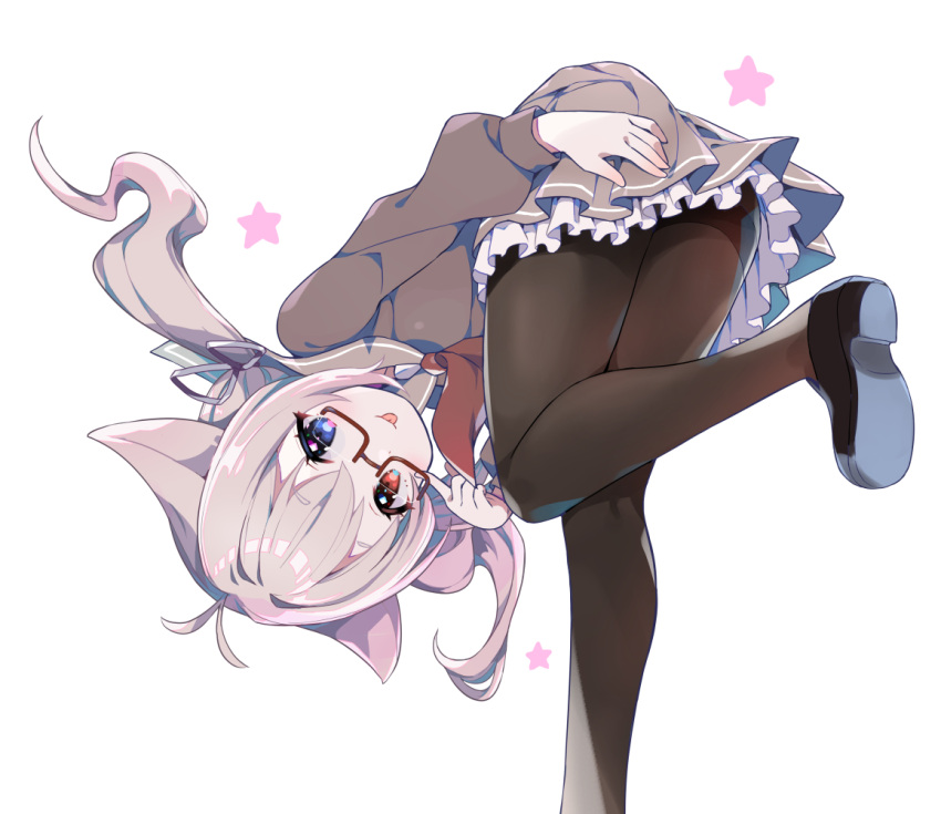 :p ahoge amimi animal_ears bad_id bad_pixiv_id black_pantyhose blue_eyes cat_ears commission female glasses heterochromia looking_at_viewer original pantyhose red_eyes school_uniform skeb_commission solo sweater thighband_pantyhose tongue tongue_out twintails white_hair yukino_ko_(yukino_shiratama)