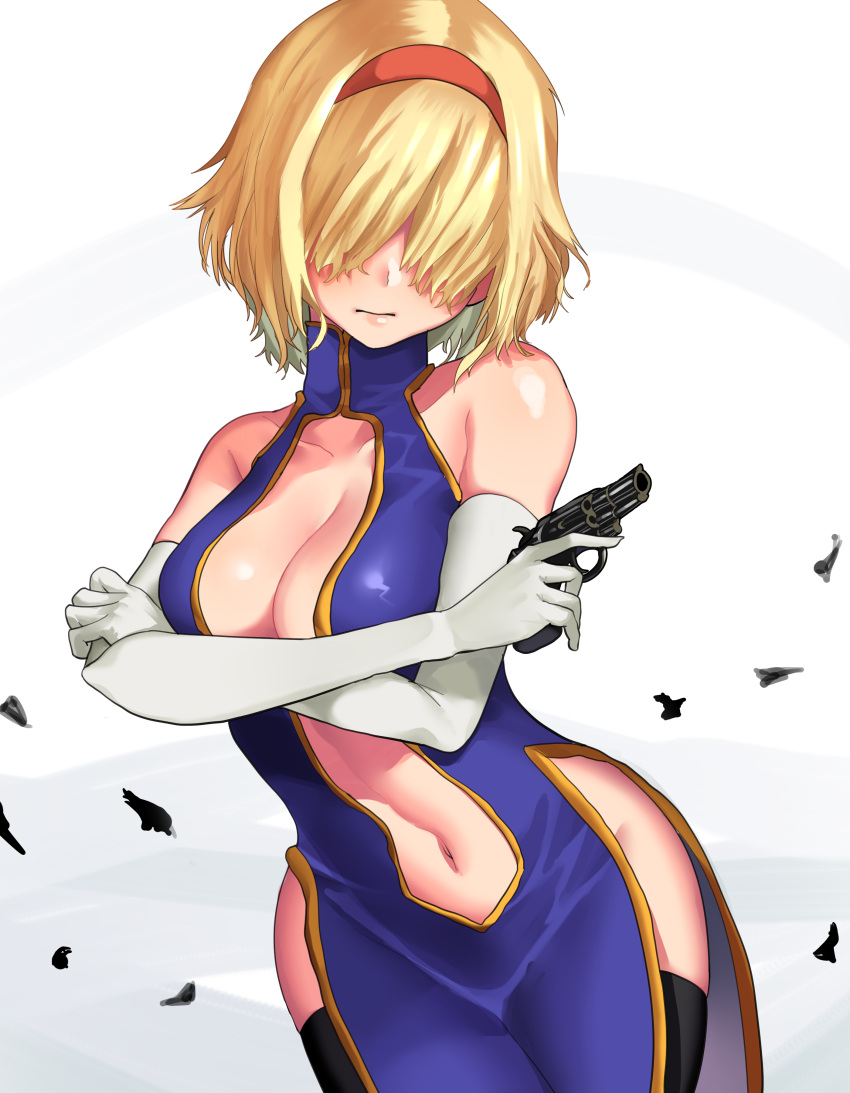 absurdres alice_margatroid alternate_costume black_thighhighs blue_dress breasts china_dress chinese_clothes cleavage cleavage_cutout closed_mouth clothing_cutout commentary_request cookie_(touhou) cowboy_shot crossed_arms dress elbow_gloves expressionless female gloves gun hair_between_eyes hair_over_eyes hairband handgun highres holding holding_gun holding_weapon jigen_(cookie) koiso_usu medium_breasts navel navel_cutout no_panties red_hairband revolver short_hair side_slit solo thighhighs touhou weapon white_gloves