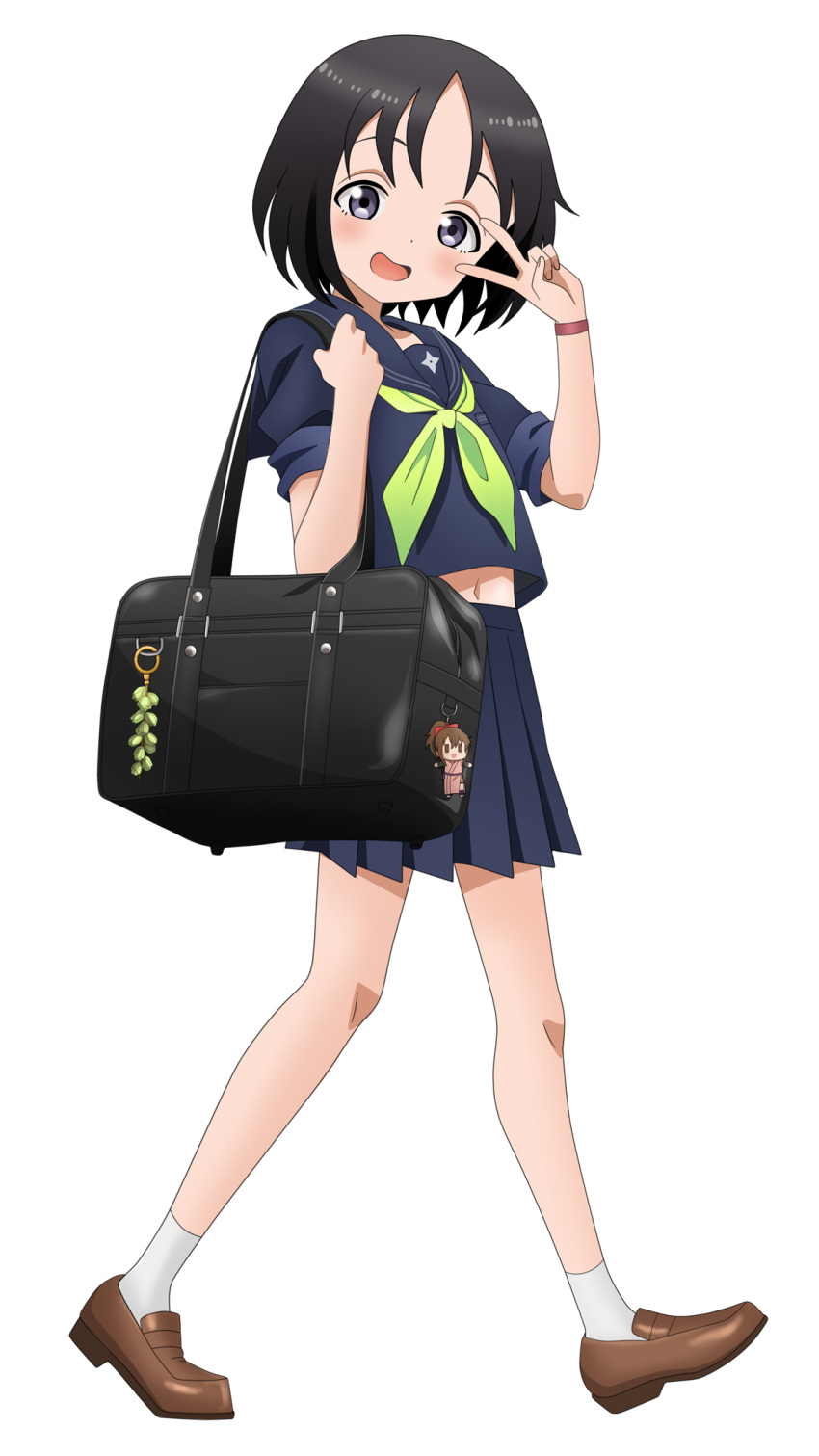 alternate_costume bag bag_charm black_bag black_hair blue_shirt blue_sky bracelet brown_footwear casual character_charm character_doll charm_(object) female full_body green_neckerchief highres hinagiku_(kunoichi_tsubaki_no_mune_no_uchi) holding holding_bag jewelry kibushi_(kunoichi_tsubaki_no_mune_no_uchi) kunoichi_tsubaki_no_mune_no_uchi loafers looking_at_viewer midriff_peek navel neckerchief open_mouth parted_bangs pleated_skirt purple_eyes riokasen school_uniform serafuku shirt shoes short_hair shuriken_print simple_background skirt sky sleeves_rolled_up smile socks solo v v_over_eye walking white_background white_socks