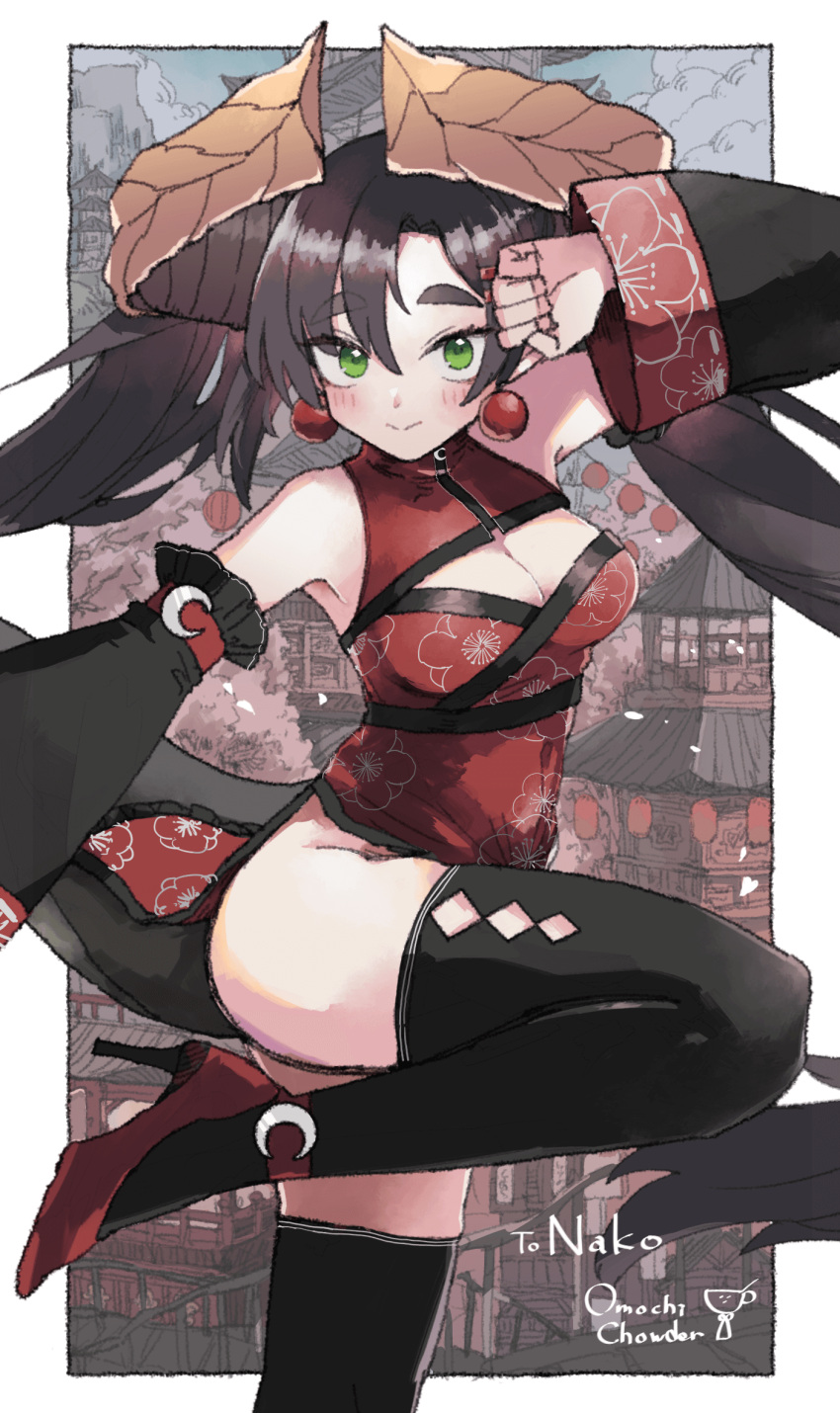 anklet argyle_cutout asymmetrical_bangs black_hair black_tail black_thighhighs blush border borrowed_character breasts china_dress chinese_clothes cleavage cleavage_cutout clenched_hand clothing_cutout commission crescent detached_sleeves dragon_girl dragon_horns dragon_tail dress earrings english_commentary female fighting_stance floral_print green_eyes high_heels highres horns jewelry long_hair medium_breasts mythic_live nako_ryu omochi_chowder original outside_border print_dress red_dress red_footwear side_slit skeb_commission solo standing standing_on_one_leg tail thick_eyebrows thighhighs twintails virtual_youtuber white_border wide_sleeves