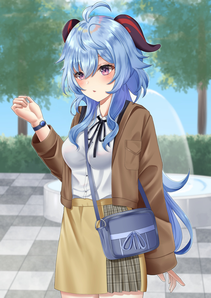 absurdres ahoge alternate_costume bag blue_hair blue_sky blurry bow bowtie brown_jacket brown_skirt bush casual checking_watch collared_shirt commentary_request contemporary depth_of_field female fountain ganyu_(genshin_impact) genshin_impact hair_between_eyes handbag highres horns jacket konparu_uran long_hair long_sleeves looking_at_object outdoors park parted_lips pocket purple_eyes shirt sidelocks skirt sky solo tree watch water white_shirt wristwatch