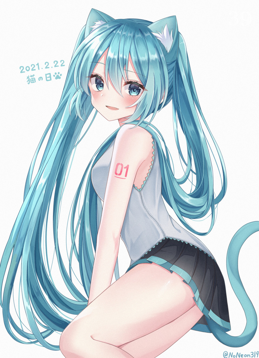 :d absurdres animal_ear_fluff animal_ears aqua_eyes aqua_hair bare_shoulders blush breasts cat_day cat_ears cat_girl cat_tail commentary cowboy_shot dot_nose eyelashes female from_side hair_between_eyes hatsune_miku highres long_hair looking_at_viewer miniskirt noneon319 number_tattoo open_mouth paw_print pleated_skirt shiny_skin shirt sidelocks simple_background sitting skirt sleeveless small_breasts smile solo tail tattoo thighs twintails twitter_username two-tone_skirt vocaloid white_background