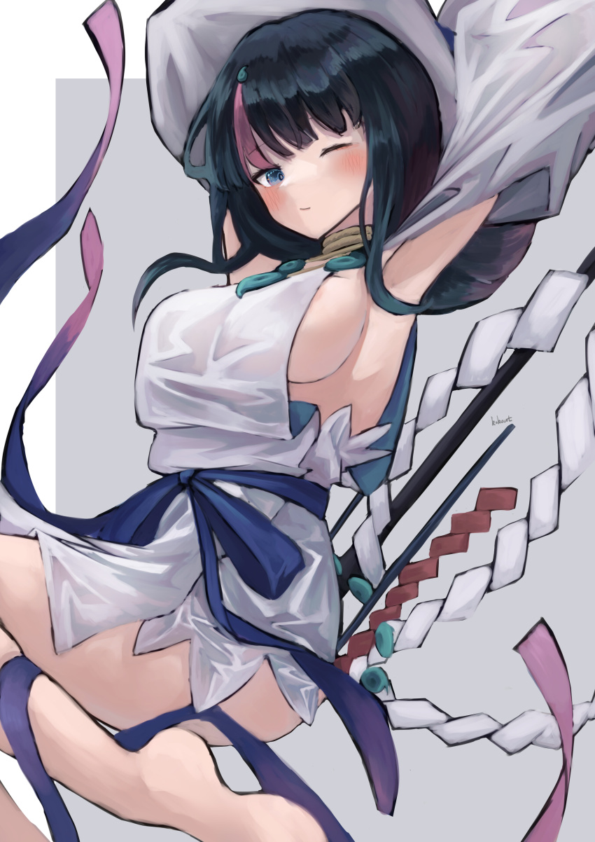 absurdres armpits arms_behind_head arms_up bad_id bad_pixiv_id bare_shoulders barefoot black_hair blue_eyes blue_ribbon blush breasts collarbone dress fate/grand_order fate/requiem fate_(series) female highres jewelry kokoa_10701 large_breasts long_sleeves looking_at_viewer magatama magatama_hair_ornament magatama_necklace medium_hair multicolored_hair necklace one_eye_closed pelvic_curtain pink_hair polearm puffy_long_sleeves puffy_sleeves ribbon short_dress sideboob sideless_outfit sidelocks solo spear streaked_hair thighs utsumi_erice weapon white_dress