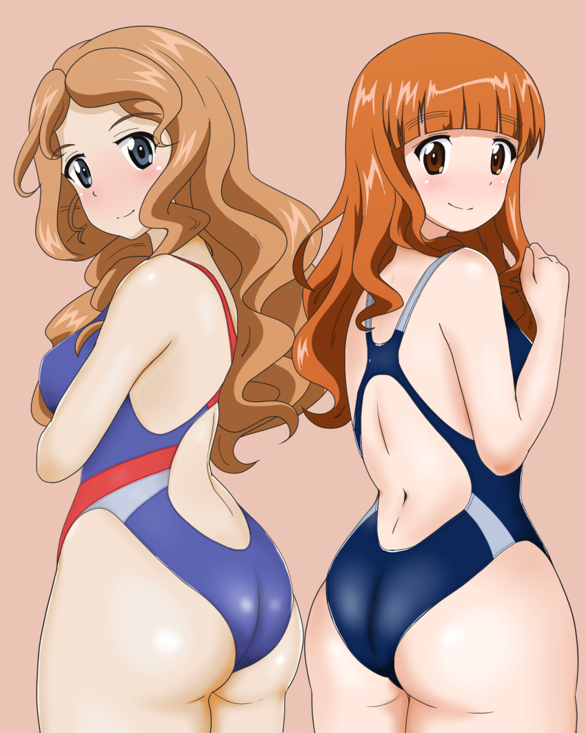 2girls ass back backless_swimsuit black_one-piece_swimsuit blue_eyes blue_one-piece_swimsuit blunt_bangs blush commentary competition_swimsuit from_behind girls_und_panzer gogopaint highleg highleg_swimsuit highres isabe_(girls_und_panzer) long_hair looking_at_viewer looking_back multiple_girls one-piece_swimsuit open_mouth orange_eyes orange_hair side-by-side simple_background smile standing swimsuit takebe_saori wavy_hair