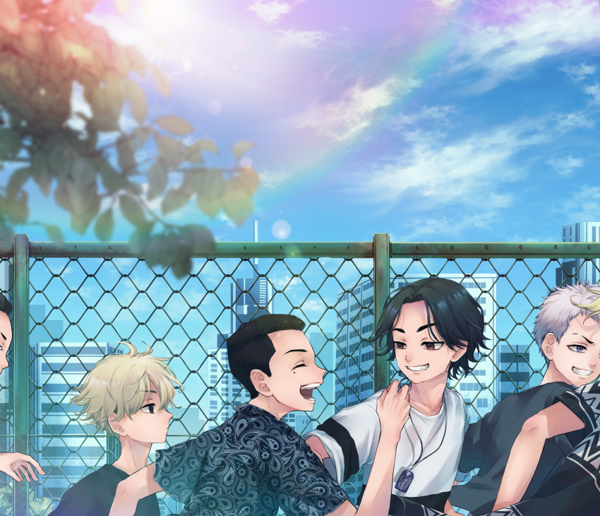 6+boys absurdres aged_down baji_keisuke black_eyes black_hair black_shirt blonde_hair branch building chain-link_fence city closed_mouth day fence grin hanemiya_kazutora hayashida_haruki highres jewelry lanyard lens_flare looking_at_another looking_away maco_(crea-0328) male_focus mitsuya_takashi mole mole_under_eye multiple_boys necklace open_mouth out_of_frame outdoors paisley profile purple_eyes running ryuuguuji_ken sano_manjirou shirt short_hair short_sleeves smile sunlight teeth tokyo_revengers white_hair white_shirt