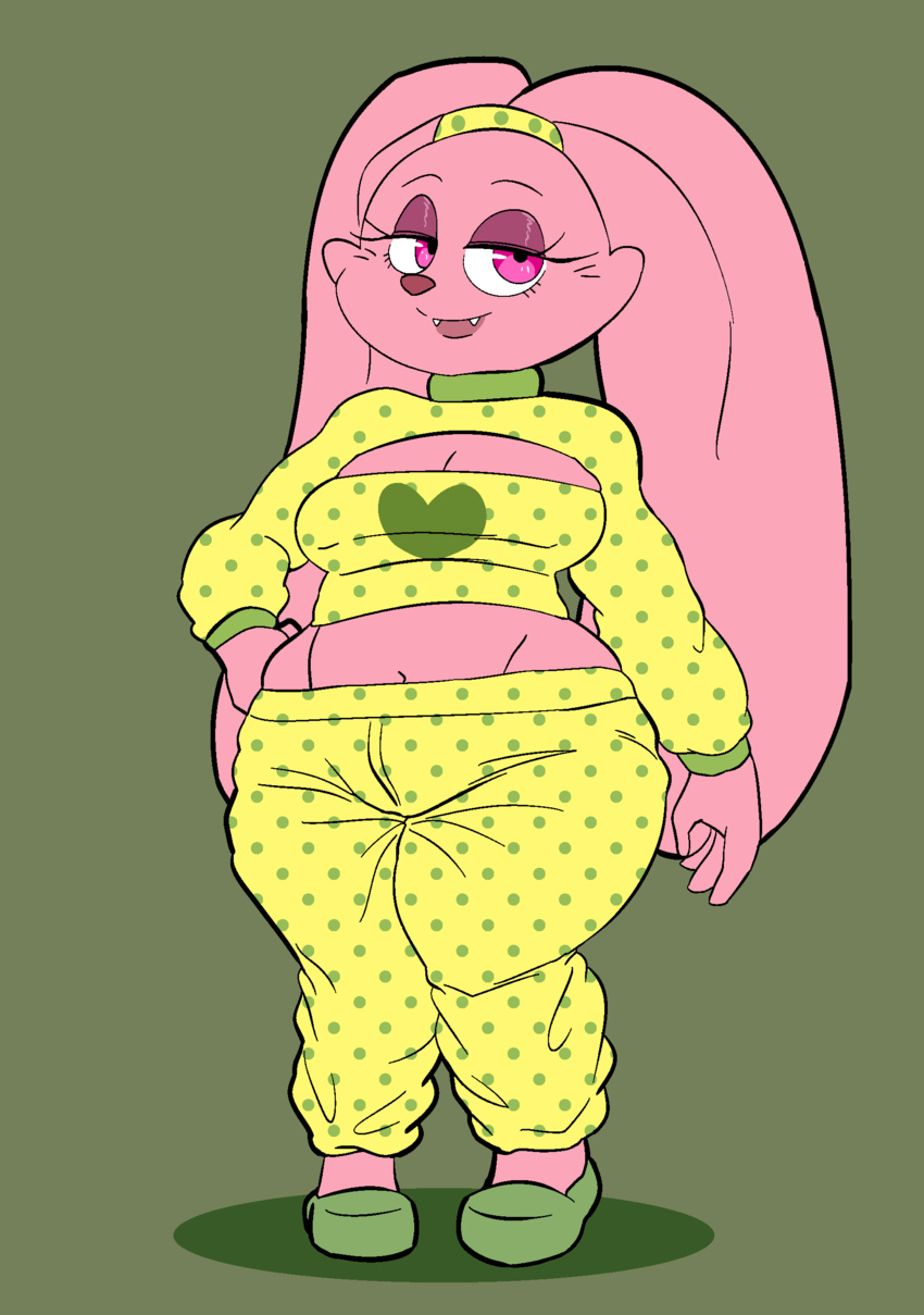 absurd_res aged_up anthro bedroom_eyes big_breasts breasts cartoon_network chowder_(series) cleavage clothed clothing female fur ghetto green_background half-closed_eyes hand_on_hip hi_res lagomorph leporid long_ears looking_at_viewer mammal narrowed_eyes panini_(chowder) pink_body pink_eyes pink_fur ponytail_ears rabbit seductive simple_background smile solo standing teeth thick_thighs toonarscontent wide_hips y2k_(fashion)