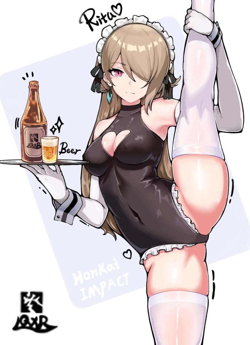 absurdres adapted_costume alcohol alternate_hair_length alternate_hairstyle bare_shoulders beer bottle breasts brown_hair brown_leotard character_name cleavage cleavage_cutout closed_mouth clothing_cutout copyright_name covered_navel earrings elbow_gloves english_text female glass gloves highres holding holding_tray honkai_(series) honkai_impact_3rd jewelry kneepits leotard long_hair looking_at_viewer maid maid_headdress playboy_bunny purple_eyes rita_rossweisse rita_rossweisse_(phantom_iron) solo split standing standing_on_one_leg standing_split thighhighs tray very_long_hair white_background white_gloves white_thighhighs wrist_cuffs you_fujie_de_lin_yang