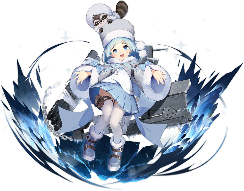 animal_on_head azur_lane blue_eyes blue_footwear blue_hair boots female fur-trimmed_sleeves fur_trim gromky_(azur_lane) hat highres kexue official_art on_head open_mouth raccoon rigging short_hair smile solo thighhighs torpedo_launcher transparent_background white_thighhighs