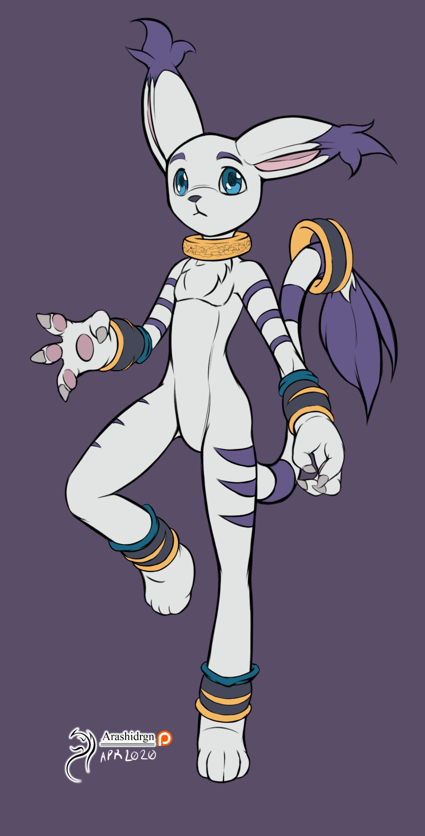 2020 absurd_res ambiguous_gender arashidrgn bandai_namco blue_eyes claws digimon digimon_(species) felid female fur gatomon hi_res mammal nude simple_background solo